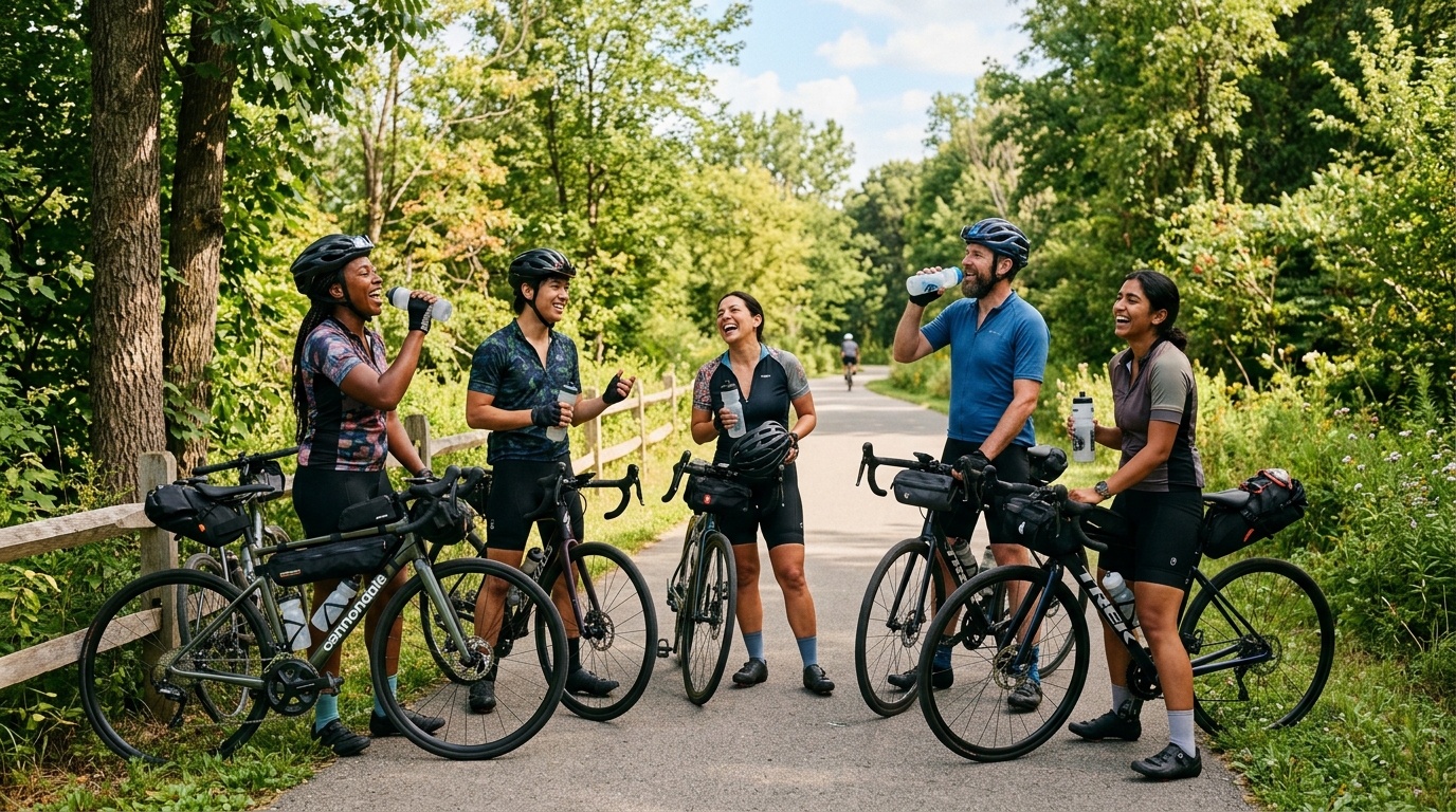 Nickel Plate Cycles group riders taking a break on the trail