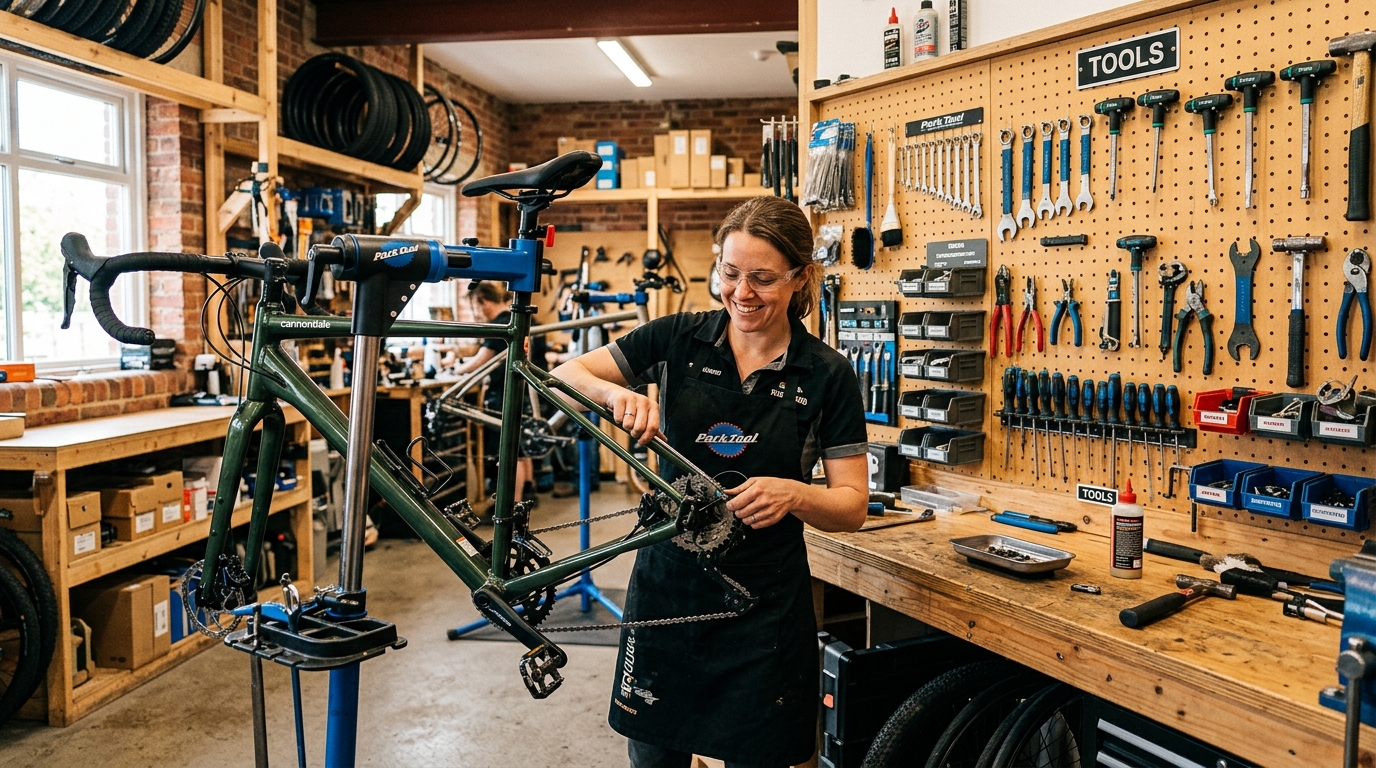 Nickel Plate Cycles mechanic workshop with Park Tool equipment
